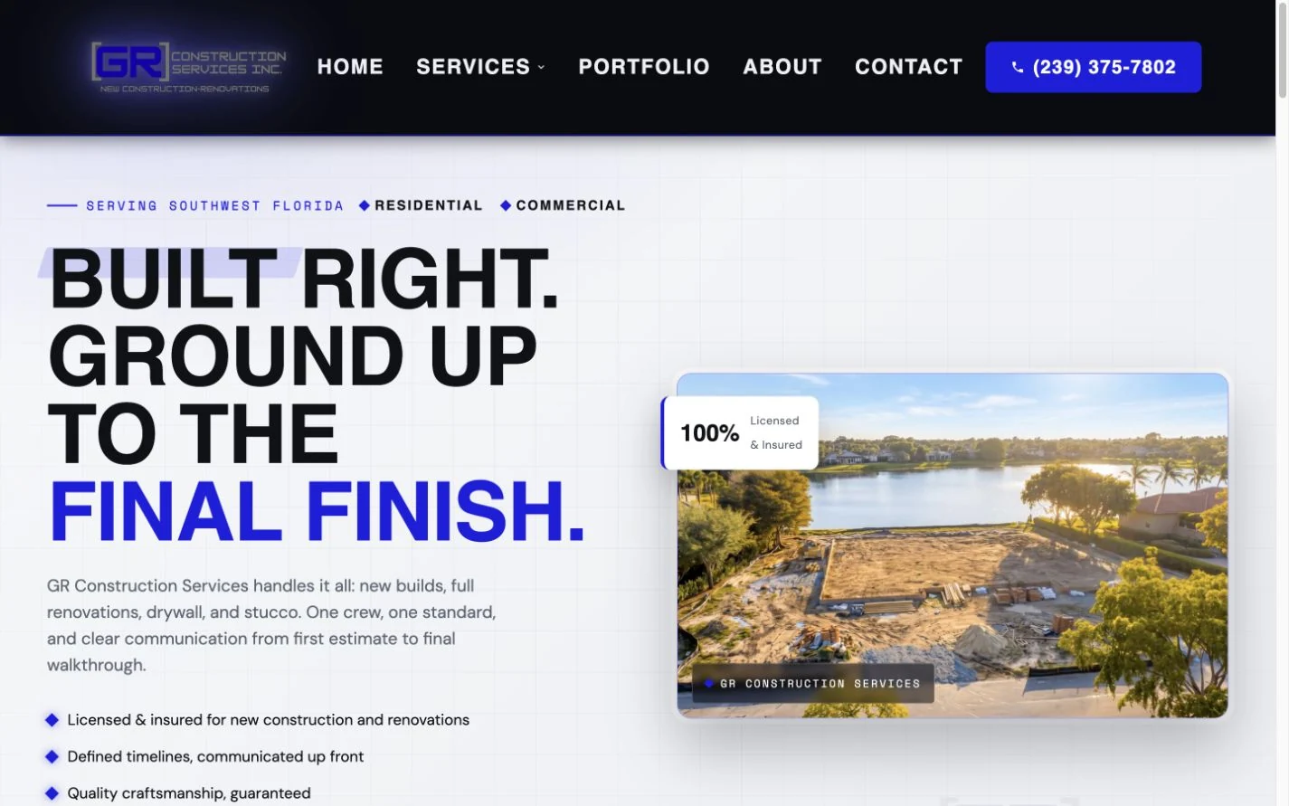 Real QuickWebX website design for GR Construction Services