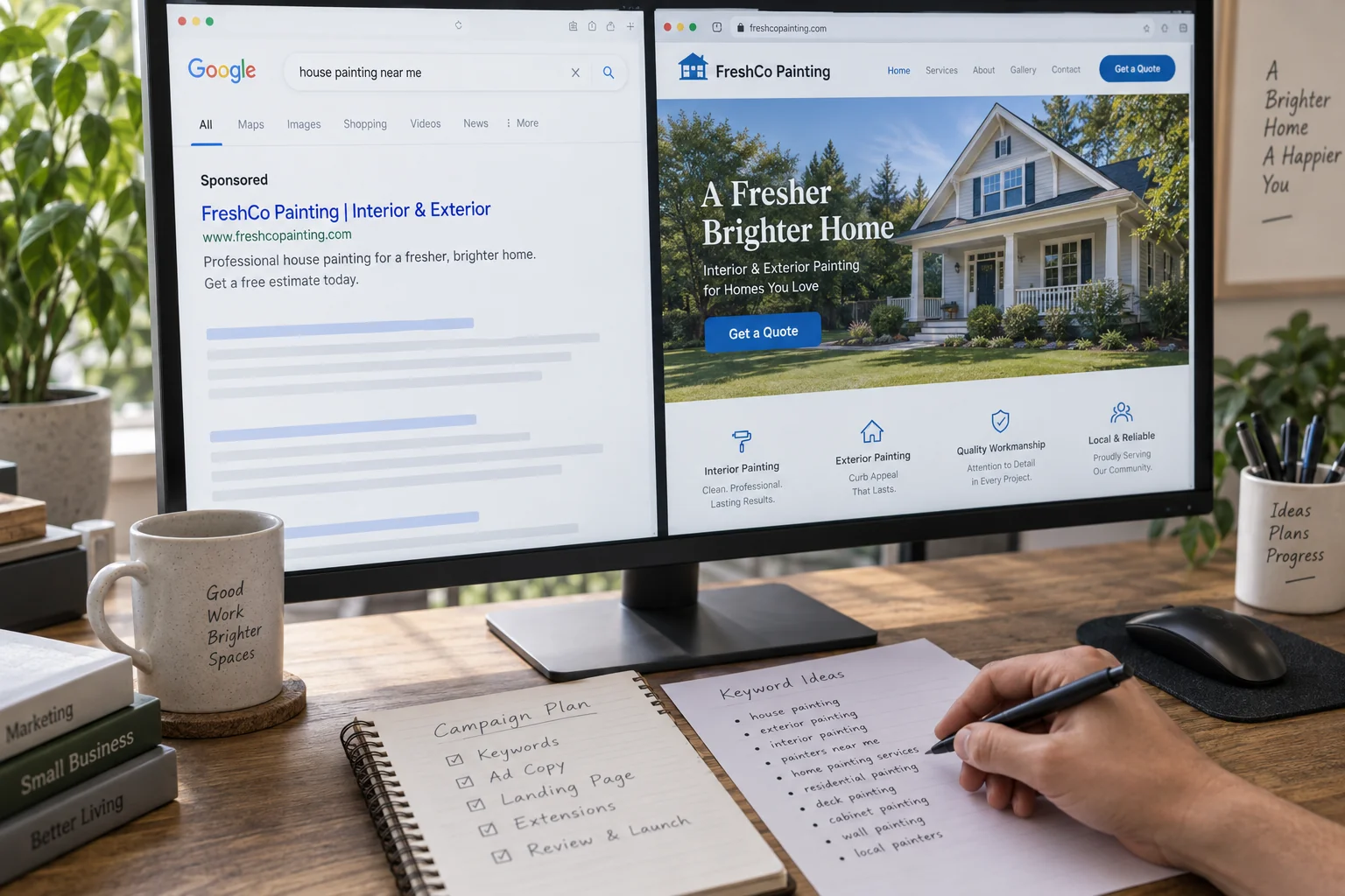 A sponsored search advertisement beside its matching business landing page on a monitor