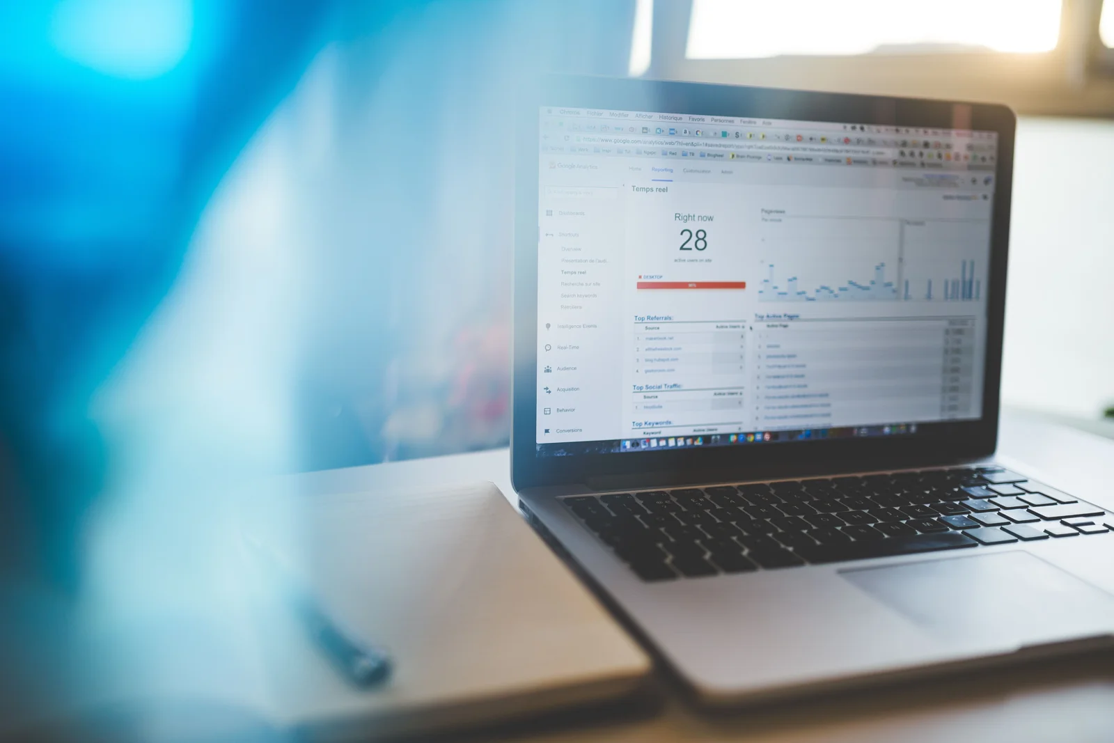 A laptop displaying website analytics in a working office
